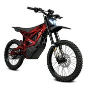 Electric motorcycle with a red frame, black handlebars, and a headlight