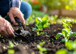 Person digging in a vegetable garden with garden tools