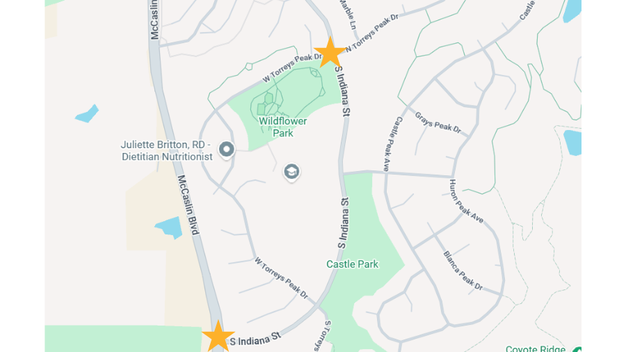 Map of Indiana Street from North Torreys Peak to McCaslin with yellow stars