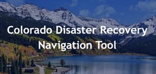 'Colorado Disaster Recovery Tool' text against a background featuring snow capped mountains and a lake.