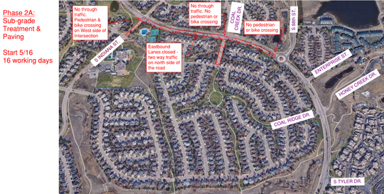 Map of Rock Creek Parkway construction work depicting traffic patterns and closures from Indiana Street to 88th Street