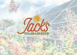 Jack's Solar Garden logo against a background with a solar array and blooming plants.
