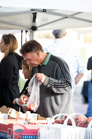 A man puts produce into a shopping bag at the Superior Summer Market