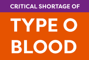 Critical shortage of Type o blood graphic on orange and purple background