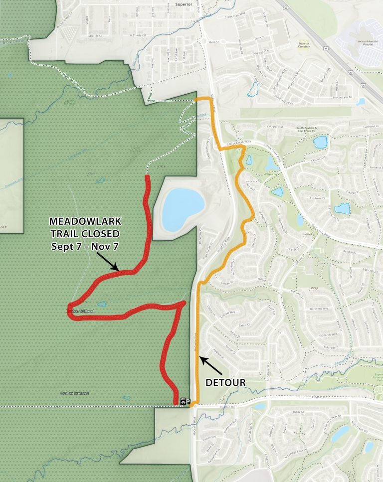 Map depicting Meadowlark Trail closure in red and detour along McCaslin Boulevard in yellow