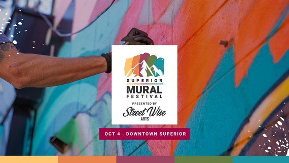 Superior Mural Festival logo over image of someone painting a mural 