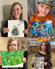 Images of student artists posing with their artwork 