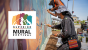 People painting with the mural festival logo overlayed.