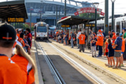 Denver Broncos fans wait for the RTD train after a game 