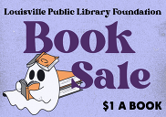 Louisville Public Library Foundation Book Sale graphic on purple background