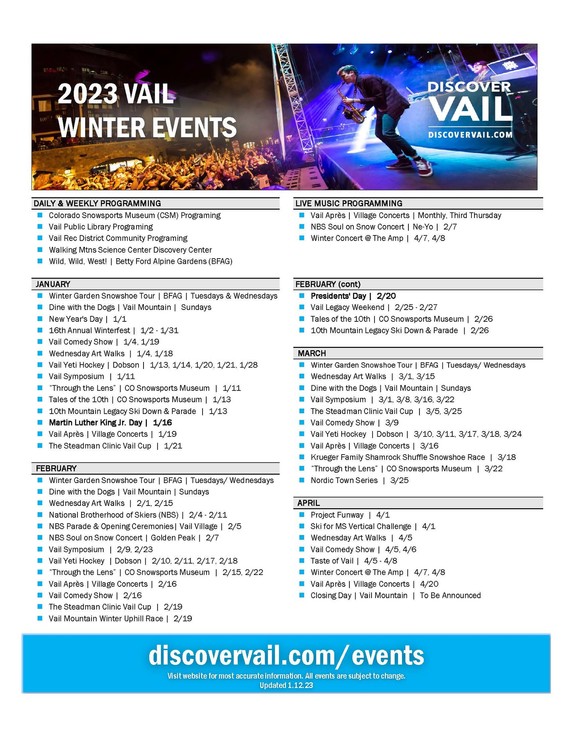 Vail Winter Events Preview Calendar January 2023