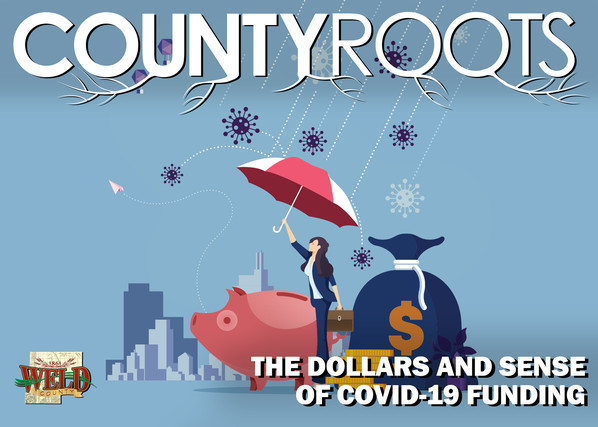 Girl using umbrella to deflect COVID-19 virus while protecting money underneath her.