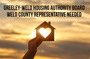 A wooden house with a heart in it. Text reads "Greeley Weld Housing Authority Board. Weld County representative needed."