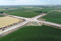 An aerial view from the side showing the 54 and 17 roundabout