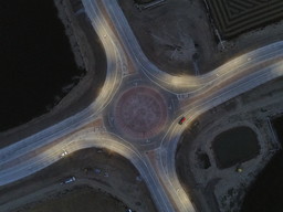 Aerial view of the WCR 54 and 17 roundabout at night