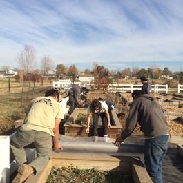 Members of a past summer crew working on a gardening project.