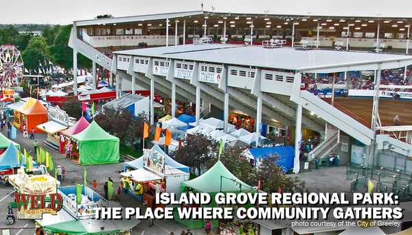 The exterior of the Island Grove Regional Park Arena. Text reads: "Island Grove Regional Park: The place where community gathers."