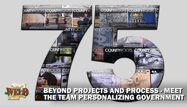 The number 75 with covers of old county roots stories. Text reads: "Beyond projects and process. Meet the team personalizing government."
