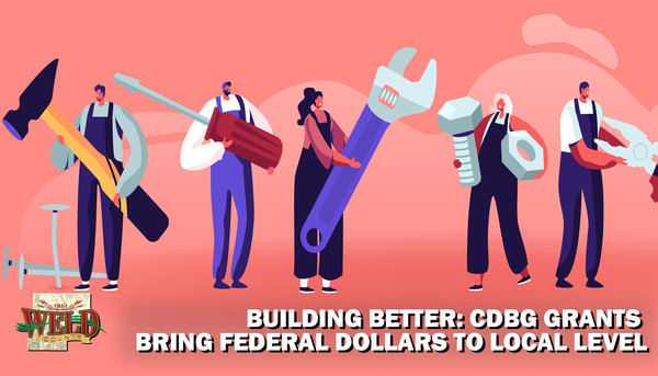 Cartoonish people holding tools. Text reads: "CDBG grants bring federal dollars to local level."