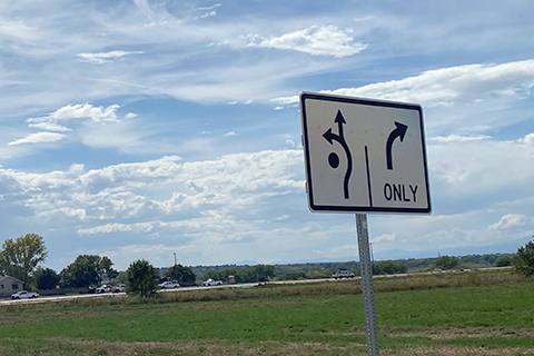 A traffic sign near the 35th and O St roundabout letting drivers know of the new alignment. 
