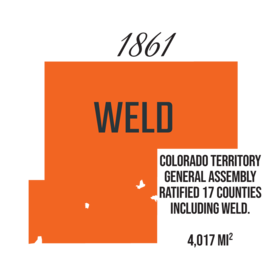 In 1861, the Colorado Territory General Assembly ratified 17 counties including Weld, which is 4,017 square miles in size.