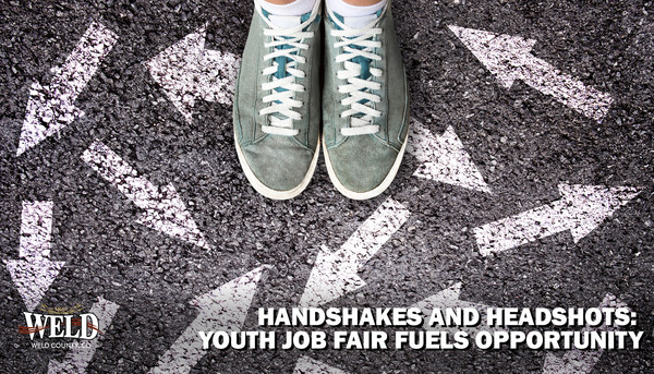 Feet with arrows on the ground pointing in every direction. Text reads: "Handshakes and Headshots: Youth job fair fuels opportunity."