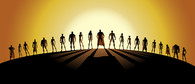 Silhouettes of comic book heroes standing in a line.