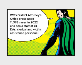 A male superhero looking behind his back. 