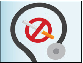 Part of a stethoscope with a no smoking sign. 