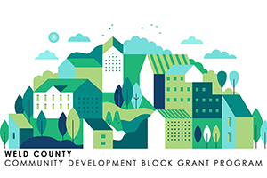 An outline of buildings. Text reads: "Weld County Community Development Block Grant program."