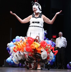Jamie Ulrich modeling a balloon dress at the Big Balloon build.