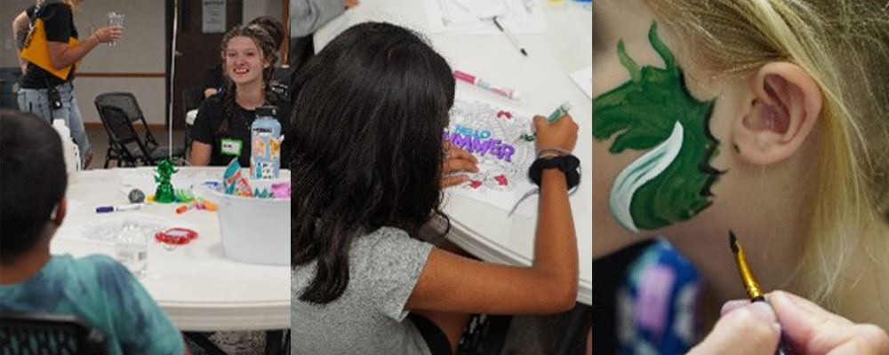 Collage of kids having fun, making arts and crafts, girl getting face painted with dragon