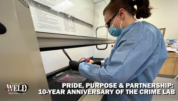 A woman working in a lab. Text reads: "Pride, Purpose and Partnership. 10-Year Anniversary of the Crime Lab."