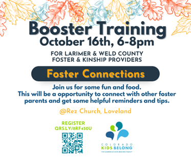 Booster training flyer, featuring information in body text, with stylized leaves bordering the top of the image