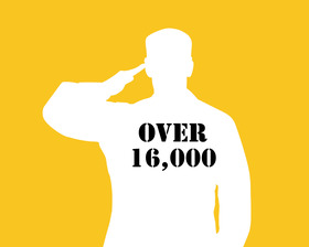 A silhouette of a soldier with the words "over 16,000" on the chest.