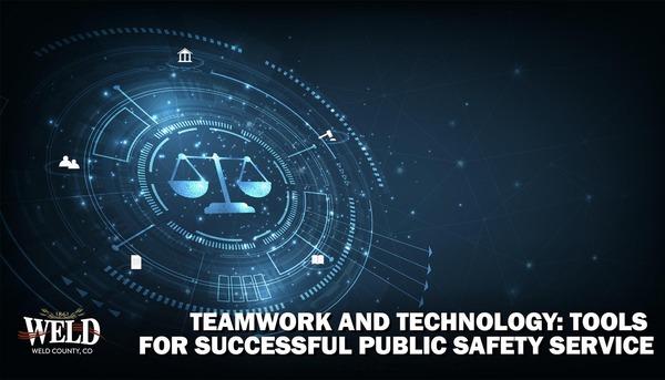 A blue, high-tech graphic. Text reads: "Teamwork and technology: Tools for successful public safety service."