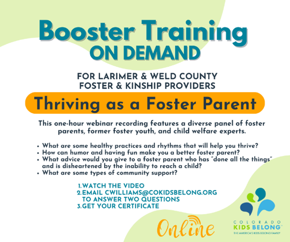 Flyer for Booster training on demand, featuring information from the body text; flyer integrates green and orange shapes on white background
