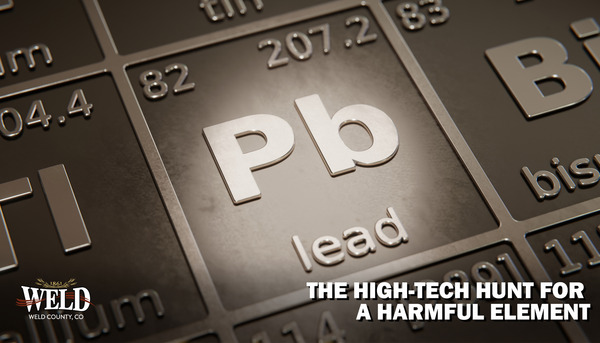 Lead on the periodic table of elements. Text reads: "The high-tech hunt for a harmful element."