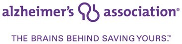 Logo for Alzheimer's Association; purple text that reads "The Brains Behind Saving Yours"