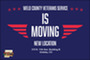 Stars and red military emblems. Text reads: "Weld County Veterans Service is moving. 315 N. 11th Ave. Building B Greeley CO."