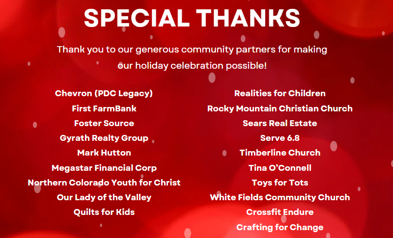 A "Special Thanks" graphic listing each of the sponsors in the body text; graphic is red with snowflakes in the background