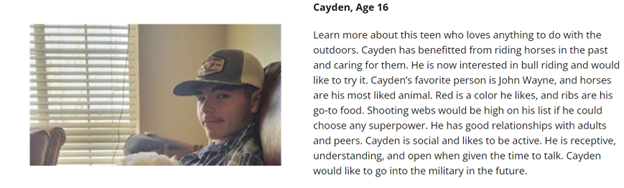 A screenshot from the Weld's Waiting Kids website depicting a kid, Cayden, Age 16