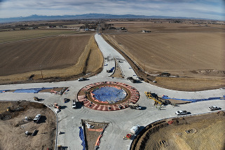 An aerial view of the roundabout being constructed at the intersection of Weld County Road 74 and 33.
