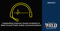 A headset with a heartline in the center. Text celebrates Lifesaver Award recipients in Weld County.