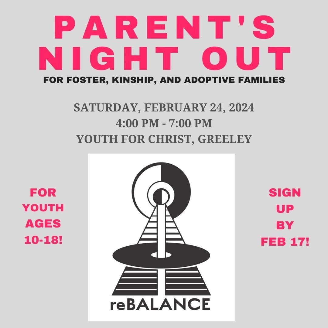 Flyer for Parent's Night Out featuring information in body text; flyer is light gray with dark gray and pink lettering