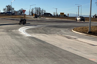 Striping in January of the roundabout at the intersection of Weld County Road 74 and WCR 33.