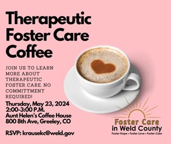 Graphic for foster care coffee event, featuring information in body text, with a photo of a cup of coffee with a heart in foam