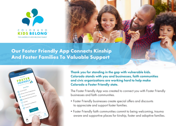 Graphic for Colorado Kids Belong app, featuring body text below. Photos include a family and a picture of the app on a phone screen