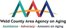 Weld County Area Agency on Aging logo, feature a green, red and blue "A' with a gold slash through them