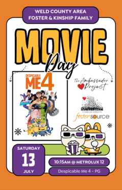 Poster for "Movie Day" event, featuring info in body text with a photo of the Despicable Me 4 movie cover